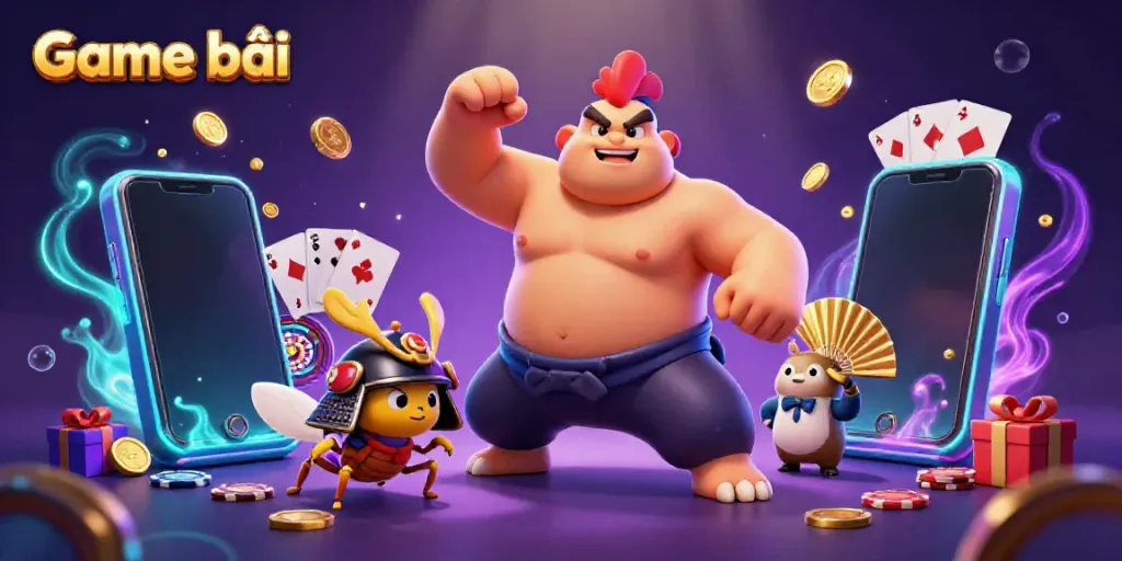 Engaging illustration of Game bài featuring a powerful rooster and samurai cricket, set in a vibrant casino theme