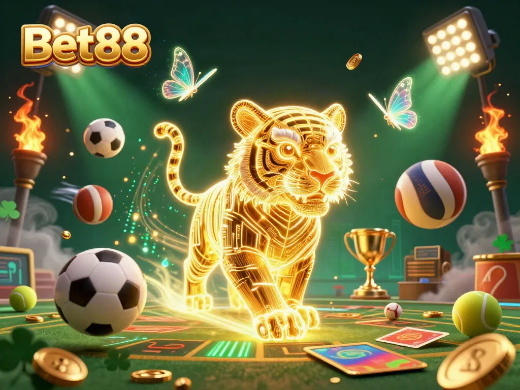 Engage in thrilling gaming with Bet88, featuring a neon-wireframe golden tiger and dynamic sports elements in action.