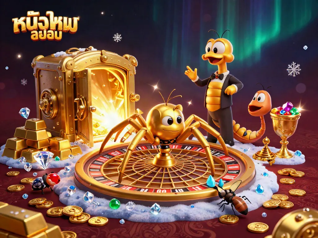 Engaging scene of a golden spider and centipede croupier immersing players in thrilling หนังใหม่ชนโรง experiences.