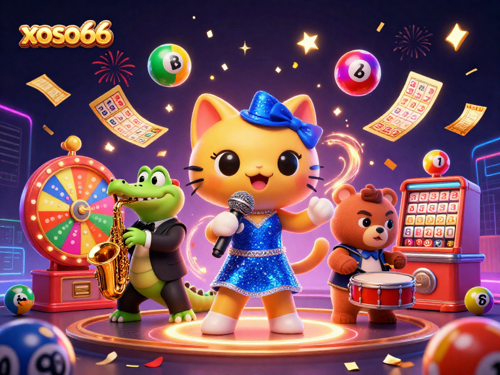 Enjoy the excitement of xoso66 with vibrant characters and lottery elements in a lively casino scene.
