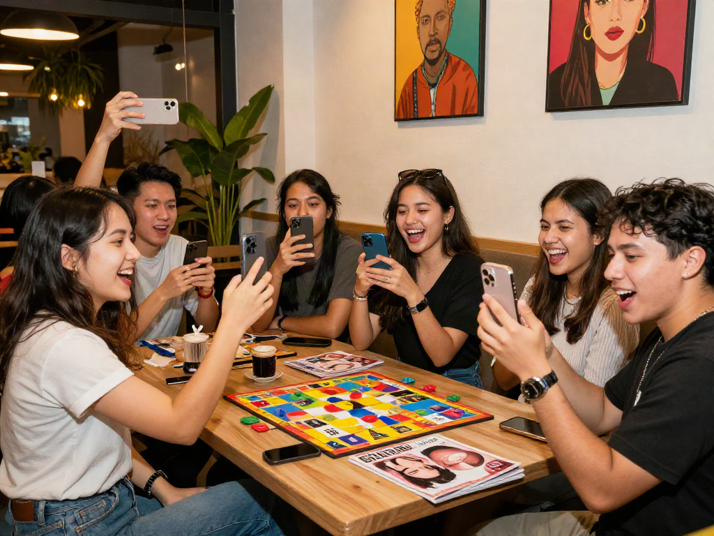 Group enjoying an attractiveness test discussion, capturing joyful moments and friendship.