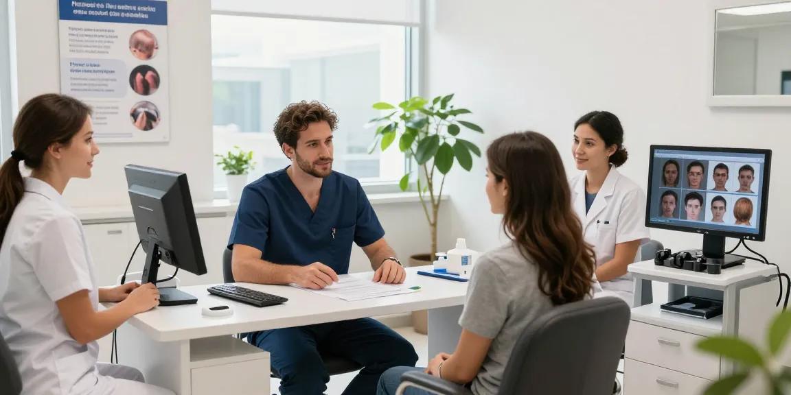 Transformative hair transplant turkey consultation scene in medical clinic with professionals and patients