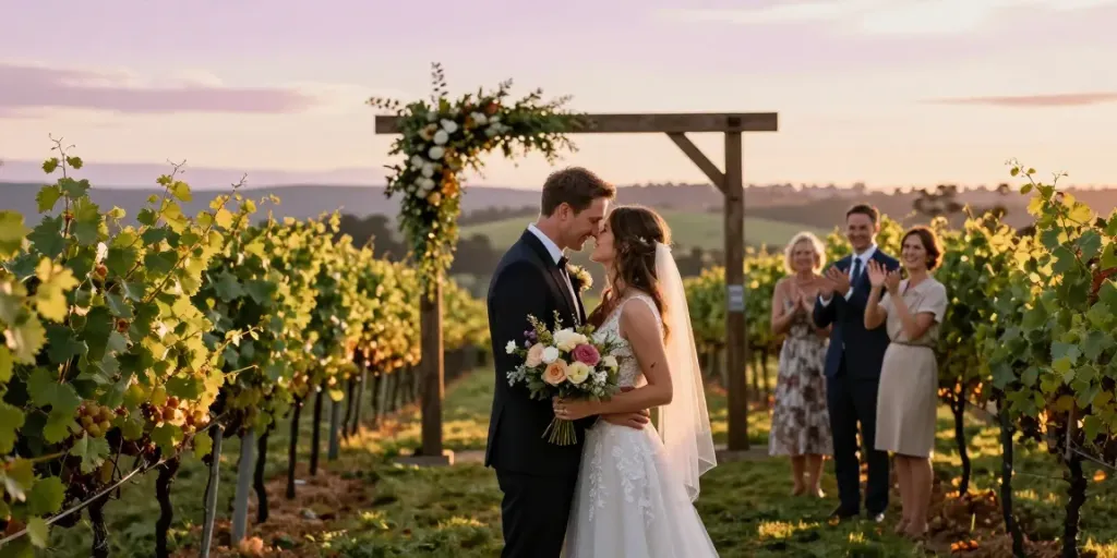 Emotional moment captured in wedding photography Hunter Valley, couple in vineyard during golden hour.
