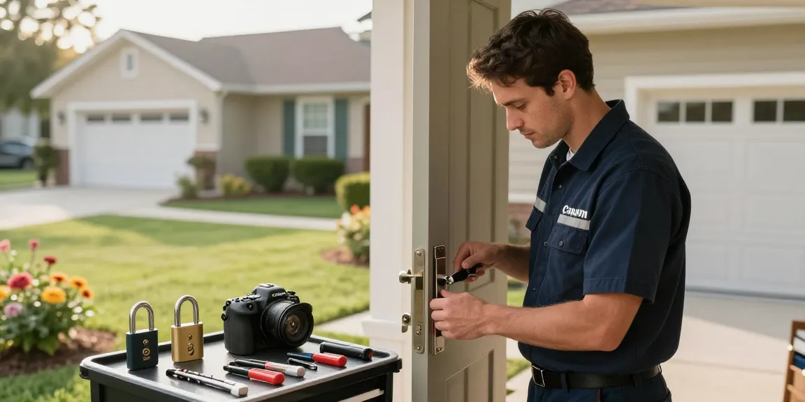 Mobile locksmith Raleigh technician assessing a door lock in a suburban neighborhood.