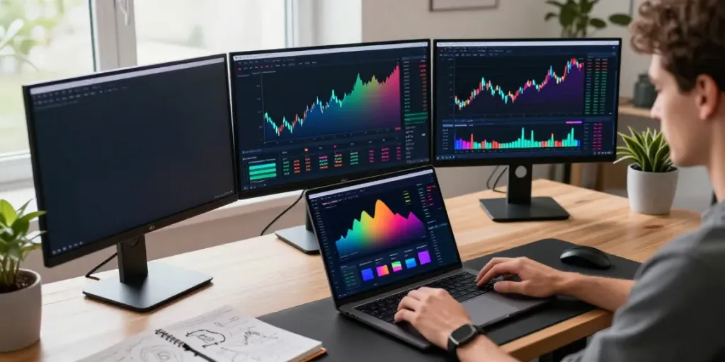 Showcase of a trading workspace with stock market API data and cryptocurrency charts.