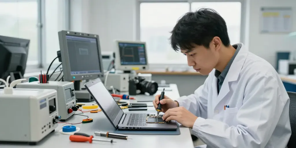 Touchpad & Control Repair Sydney: technician repairing laptop touchpad in a modern workspace.
