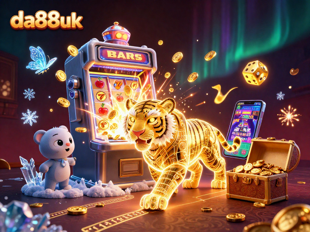 Experience excitement at da88uk with a neon-wireframe tiger in a vibrant casino scene.