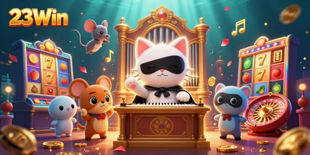 Engage with the 23Win casino experience featuring a whimsical scene with iconic gaming elements.