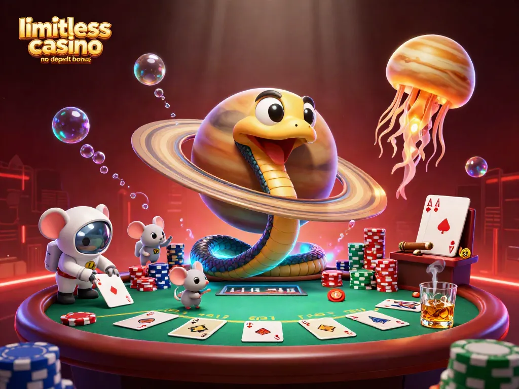 Experience the thrill of the limitless casino no deposit bonus with unique cosmic imagery of playful characters engaging in gaming.