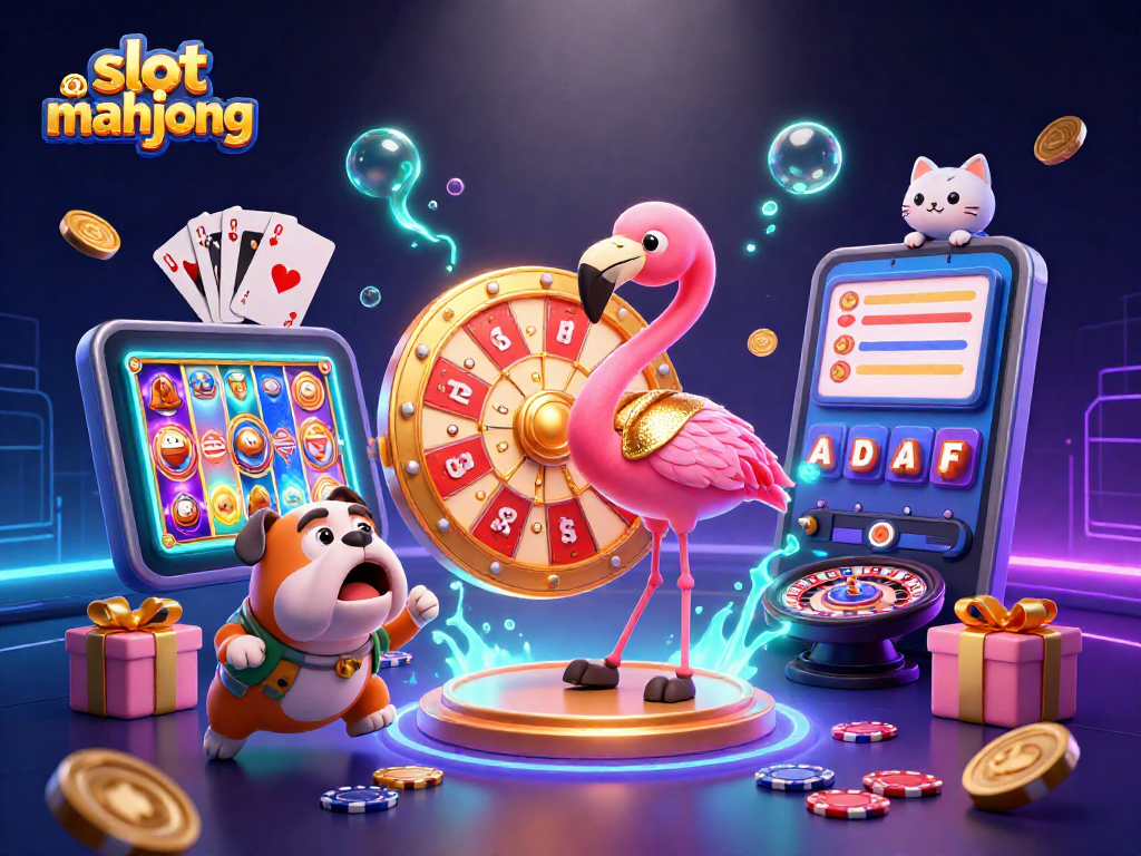 Putar slot mahjong dengan hadiah besar dalam ilustrasi kasino yang penuh warna dan dinamis.