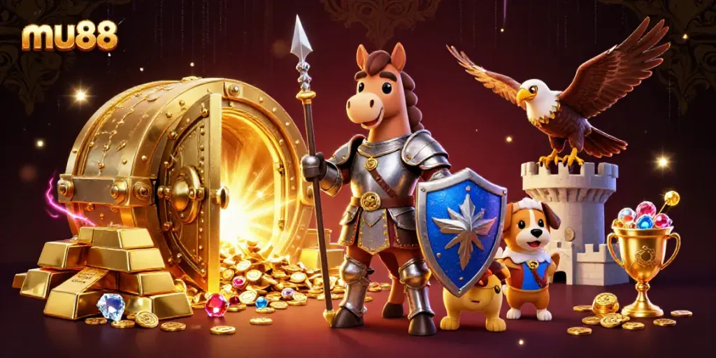 Play games on mu88 with a knight, puppy, and falcon surrounded by treasures and casino elements.
