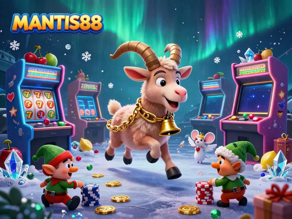 Experience the excitement of MANTIS88 with a 3D illustration showcasing festive casino characters and vibrant gaming elements.