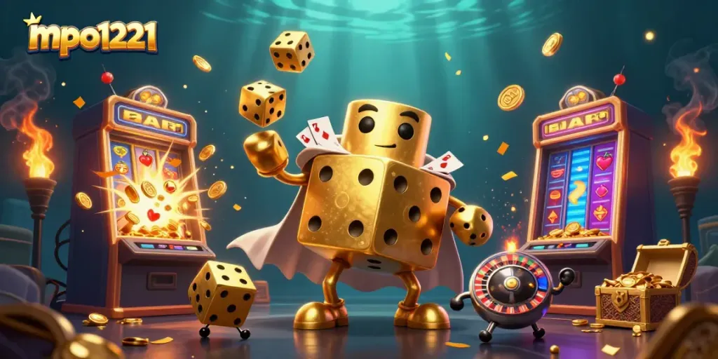 Experience the excitement of mpo1221 with golden dice and vibrant casino elements in a colorful cartoon scene.