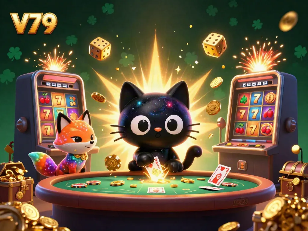 Experience the thrill of V79 with a black hole cat at a cosmic casino table, surrounded by jackpots and colorful game elements.