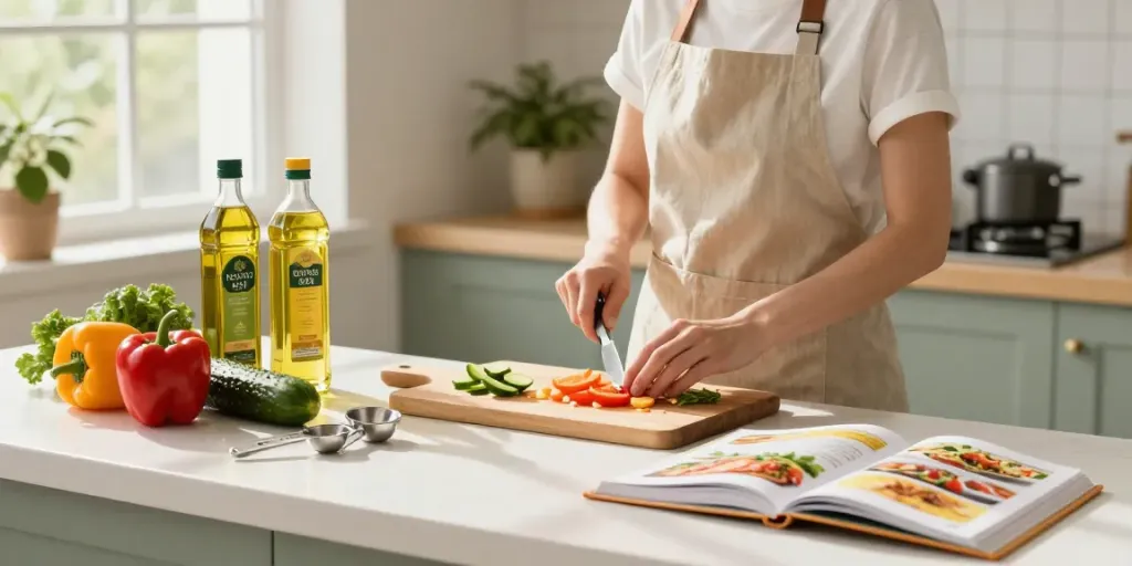Minyak makan sehat dari MERDEKA123 dalam suasana dapur yang ceria dan hangat.