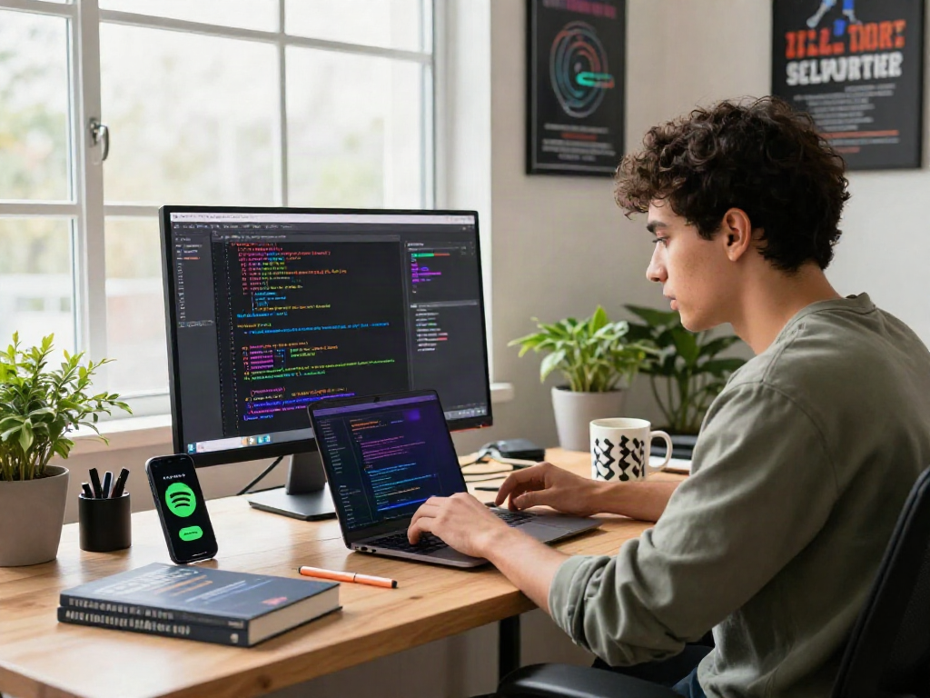 Developer coding a Spotify mod application in a modern tech workspace.
