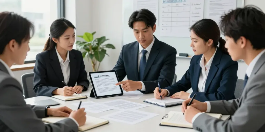 Group of immigration lawyers collaborating to find immigration lawyer services in a professional office setting.