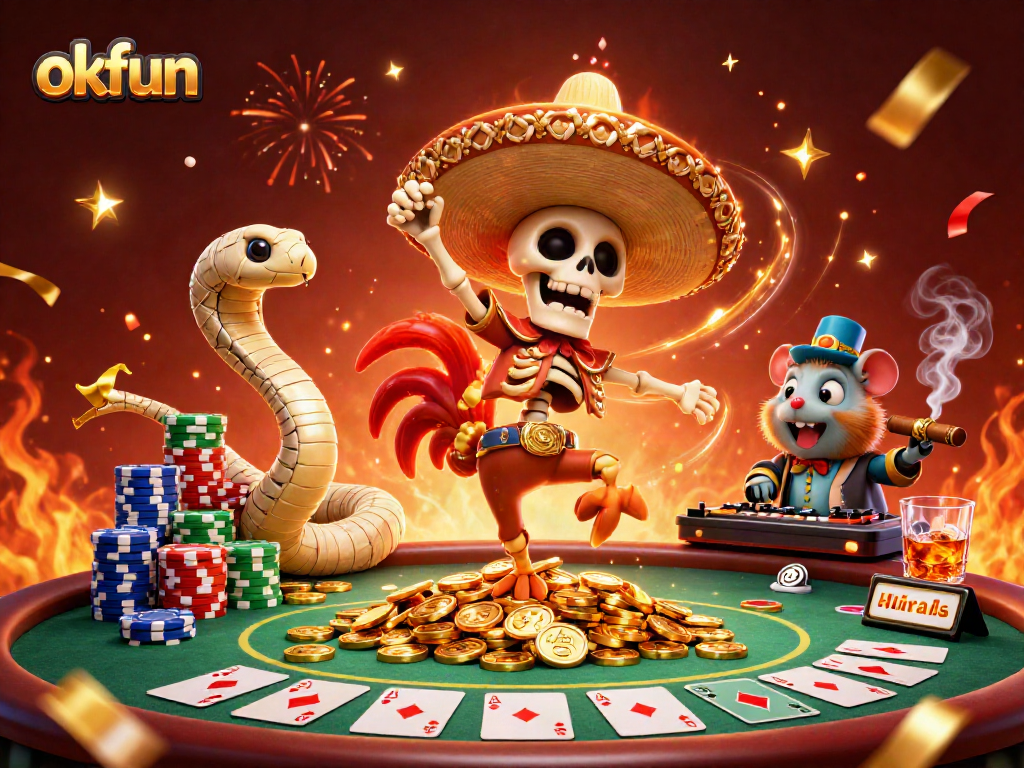 Experience excitement with okfun as a mariachi rooster dances atop golden coins in a lively casino scene.