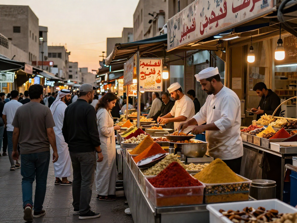 تجربة تناول قھوجي في الریاض مع مجموعة من الزبائن حول أكشاك الطعام.