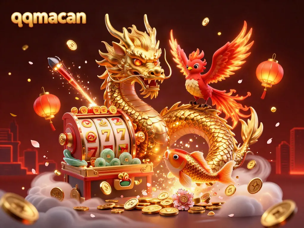 Engage with qqmacan through an exciting 3D casino scene featuring a majestic dragon, phoenix, and koi fish.