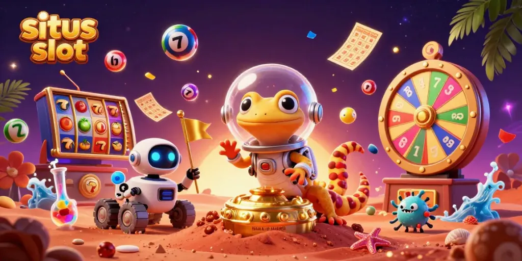 Situs slot scene featuring a Martian gecko exploring a buried casino, surrounded by vibrant slot elements.