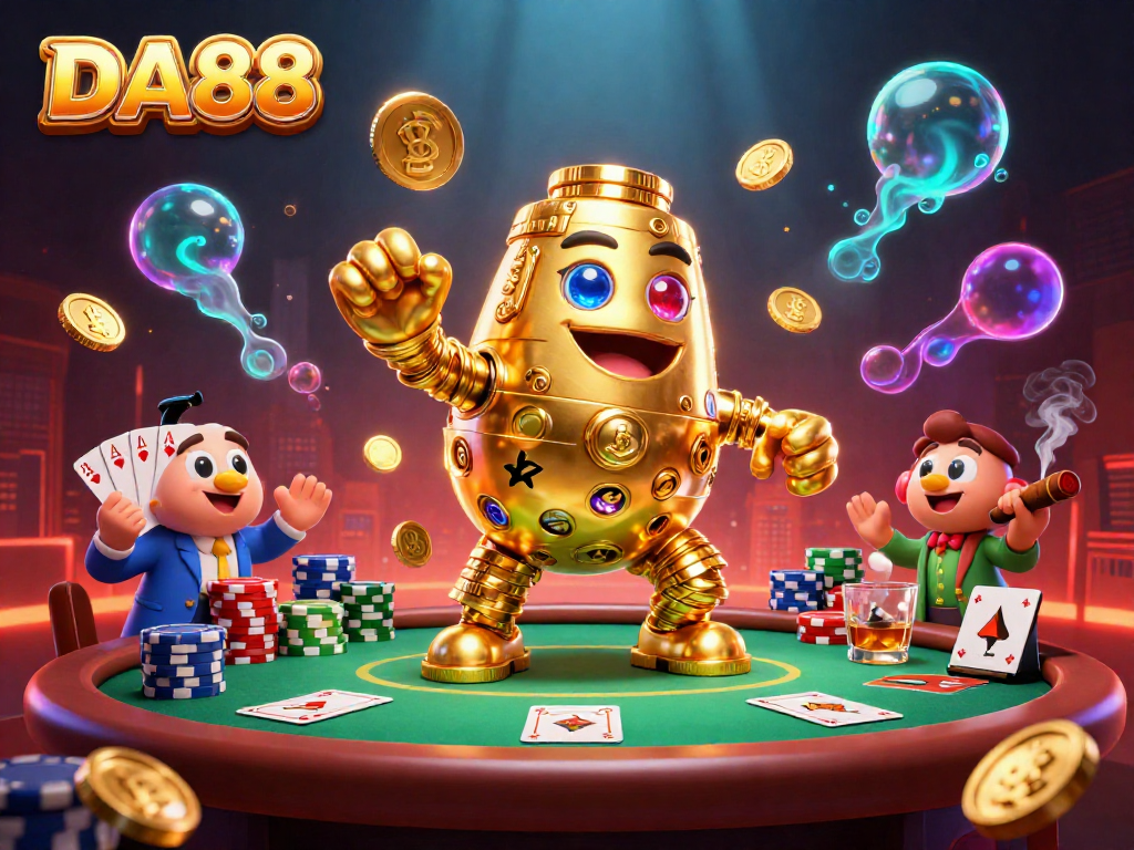 Experience thrilling poker action with DA88's vibrant casino scene featuring a dynamic golden golem.