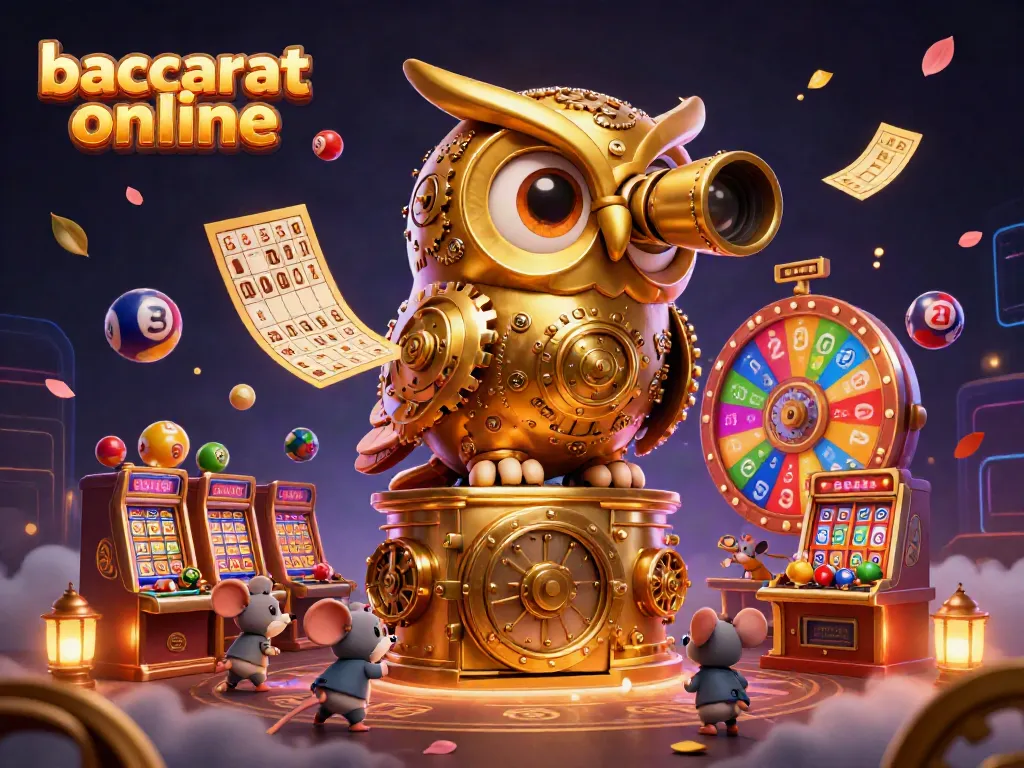 Experience baccarat online through a vibrant 3D casino scene with dynamic game elements.