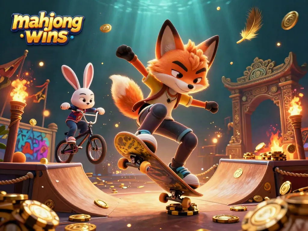 Engage with mahjong wins through a vibrant 3D cartoon scene featuring thrilling gaming elements and lively characters.