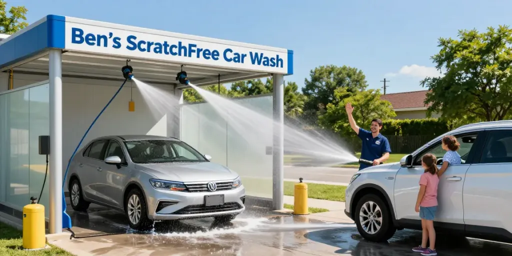 Touchless car wash near me Fort Worth scene with a vehicle entering the wash, showcasing advanced technology and a family excited for a clean car experience.