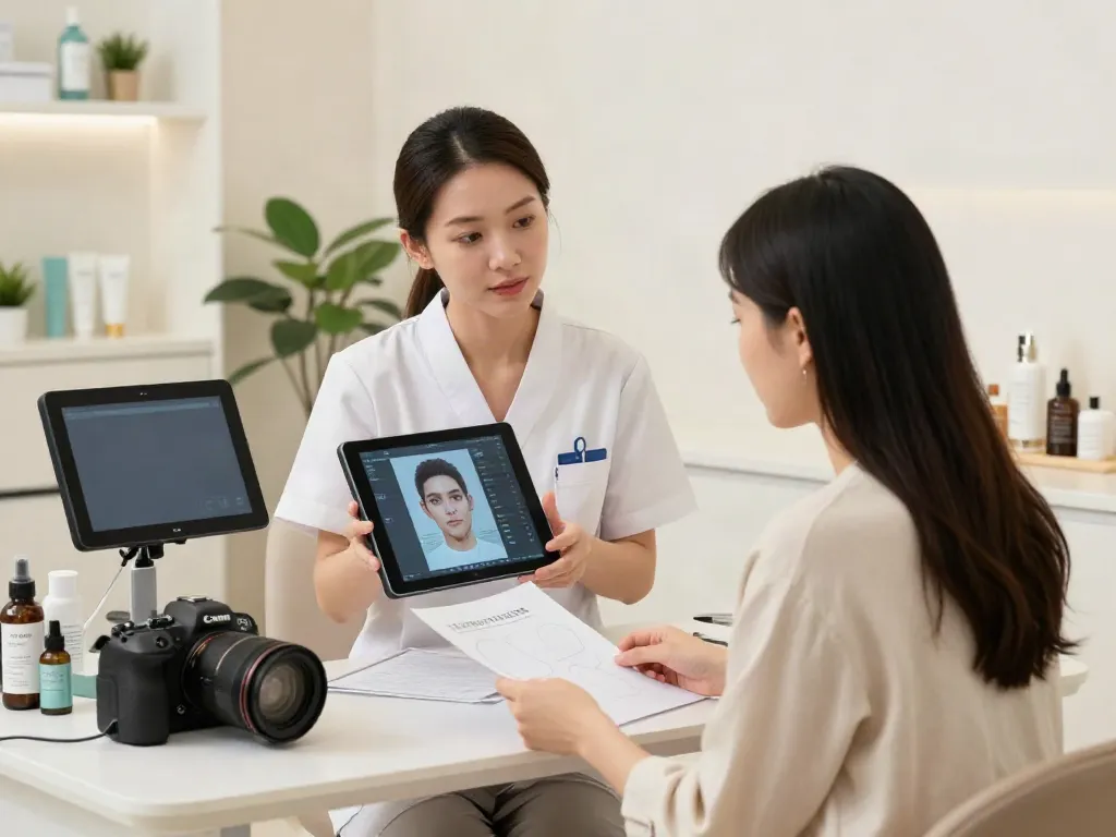 Alternatives to QOVES showcased in a professional beauty consultation scene with facial analysis technology.