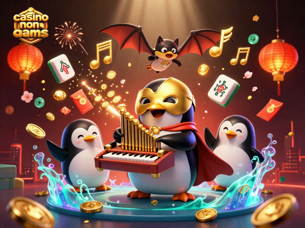 Illustrazione di un casino non AAMS con un pinguino cartone in un'opera fantasma, mentre gioca all'organo, circondato da elementi celebrativi.