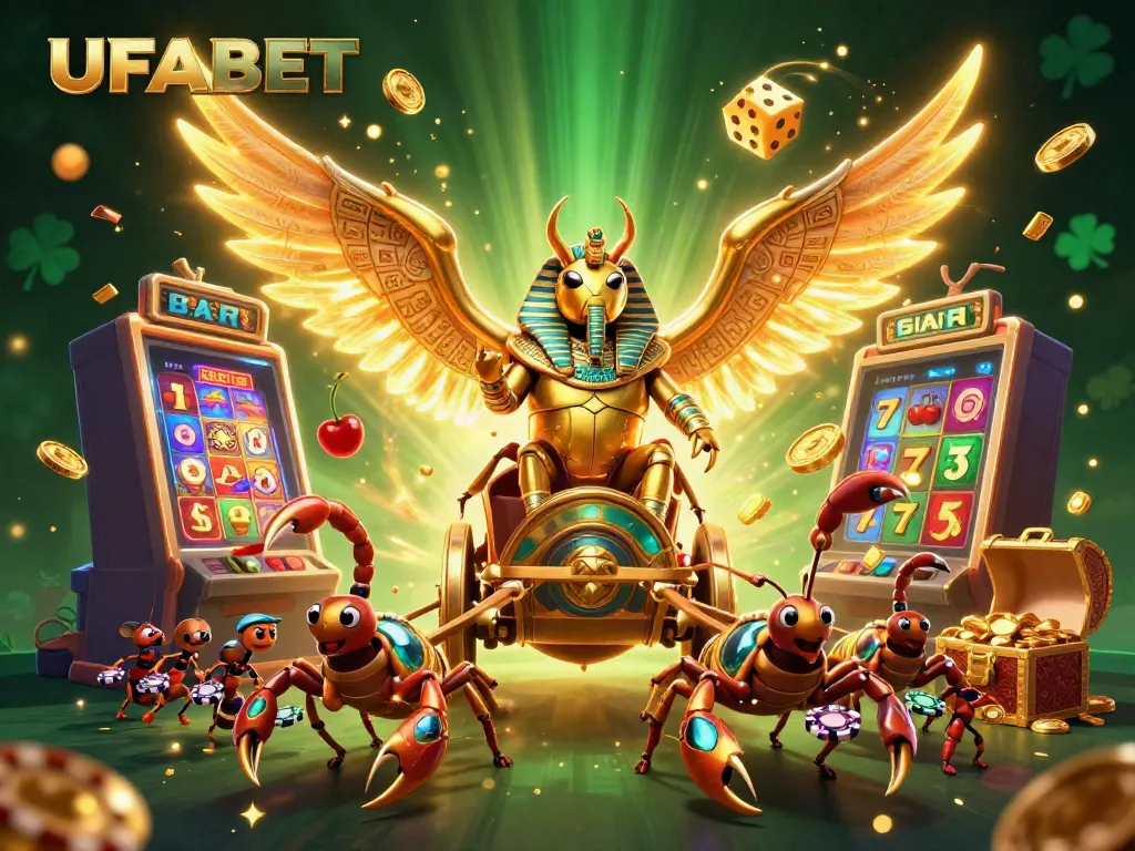 UFABET's engaging online gaming scene unfolds with a golden scarab and dynamic slot machine action.