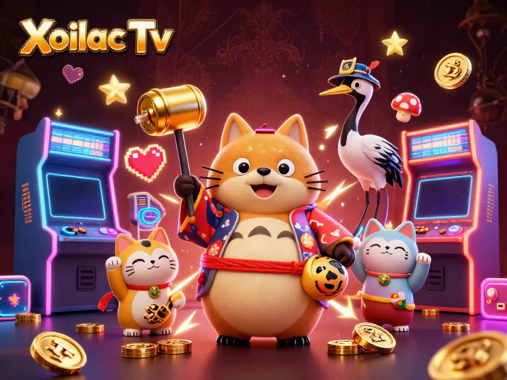 Xoilac Tv showcases colorful 3D cartoon characters celebrating gambling with arcade machines and neon lights.
