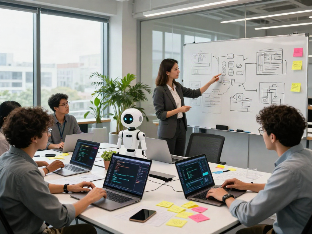 Team of developers collaborating on a sex bot project in a vibrant workspace.