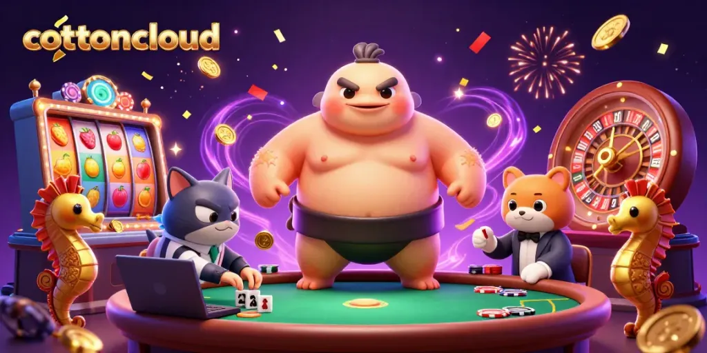 Engaging cottoncloud casino scene with a fugu fish, catfish referee, and interactive game elements.