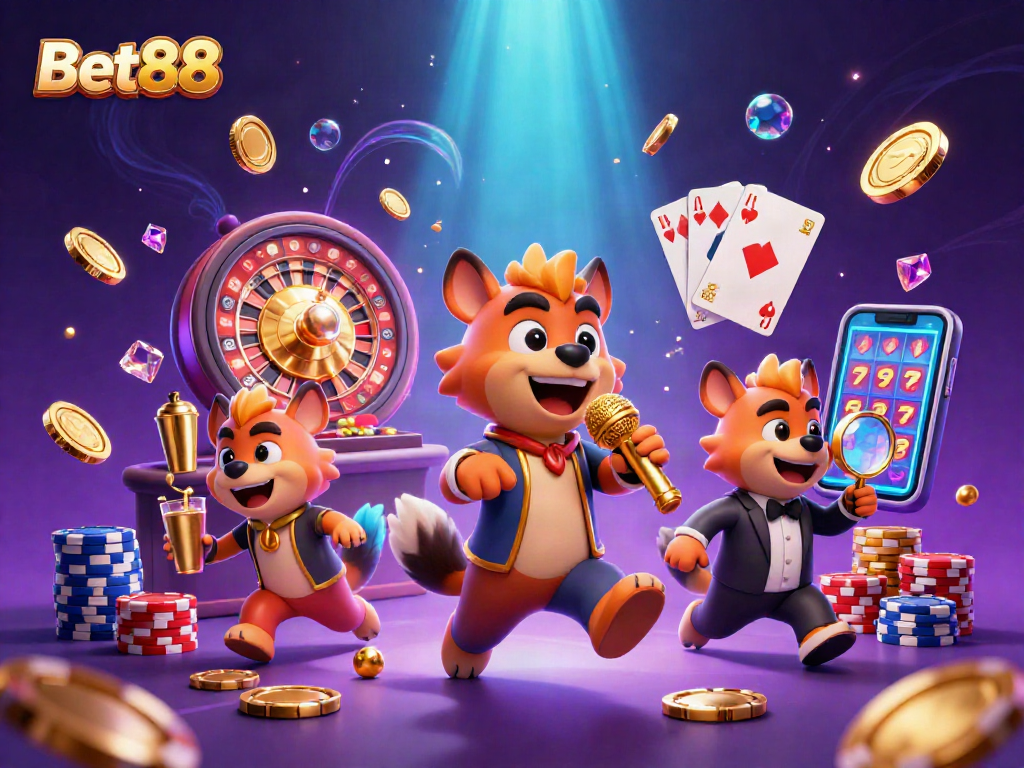 Experience the excitement of Bet88 in this vibrant casino scene filled with hyena comedians, golden coins, and jackpots.