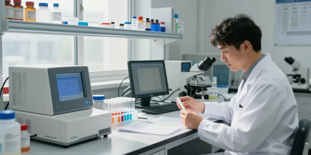 Researcher analyzing voltres research peptides in a well-lit laboratory environment.