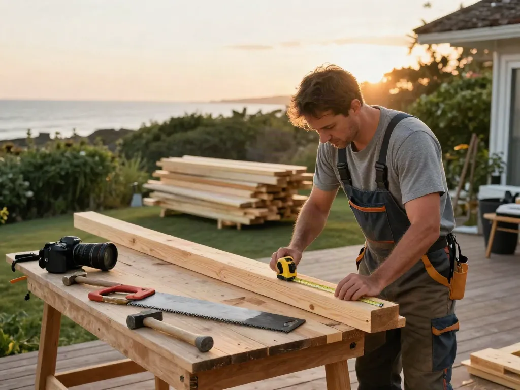 Deck Builders Manly constructing a wooden deck among lush greenery at sunset.