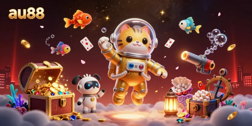 Experience the vibrant thrill of au88 with a colorful 3D digital illustration capturing an astronaut cat and robot dog in a casino-themed adventure.