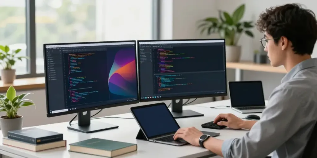 Developer utilizing instant indexing technology in a modern workspace.