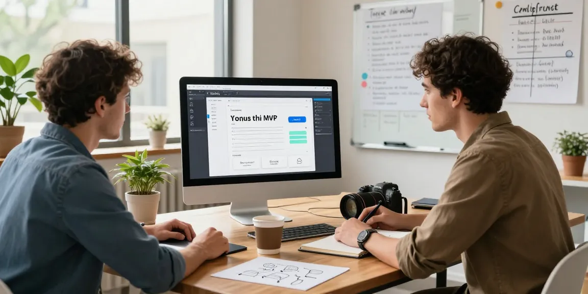 Startup founders collaborating on an MVP development service at a lively workspace, showcasing prototyping and planning.
