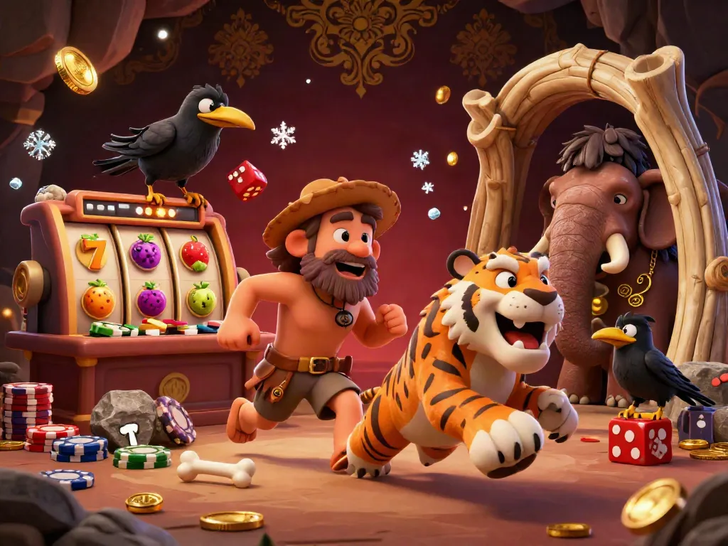 Witness the excitement of s8 with a prehistoric casino scene featuring playful characters and vibrant slot elements.
