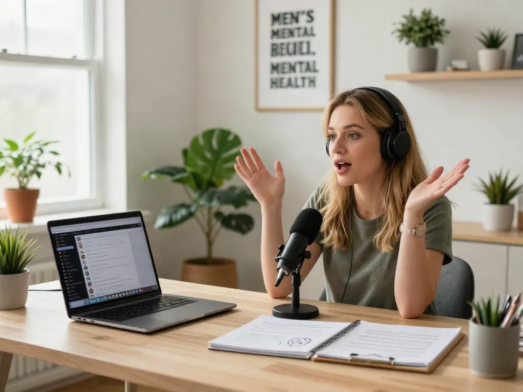 Chloe Sunderland advocating for men's mental health in her stylish home office during a live-streaming session.