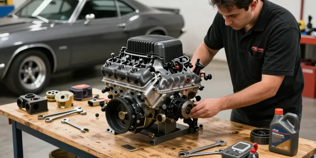 Hellcat engine for sale showcased in an automotive workshop, mechanic inspecting components.