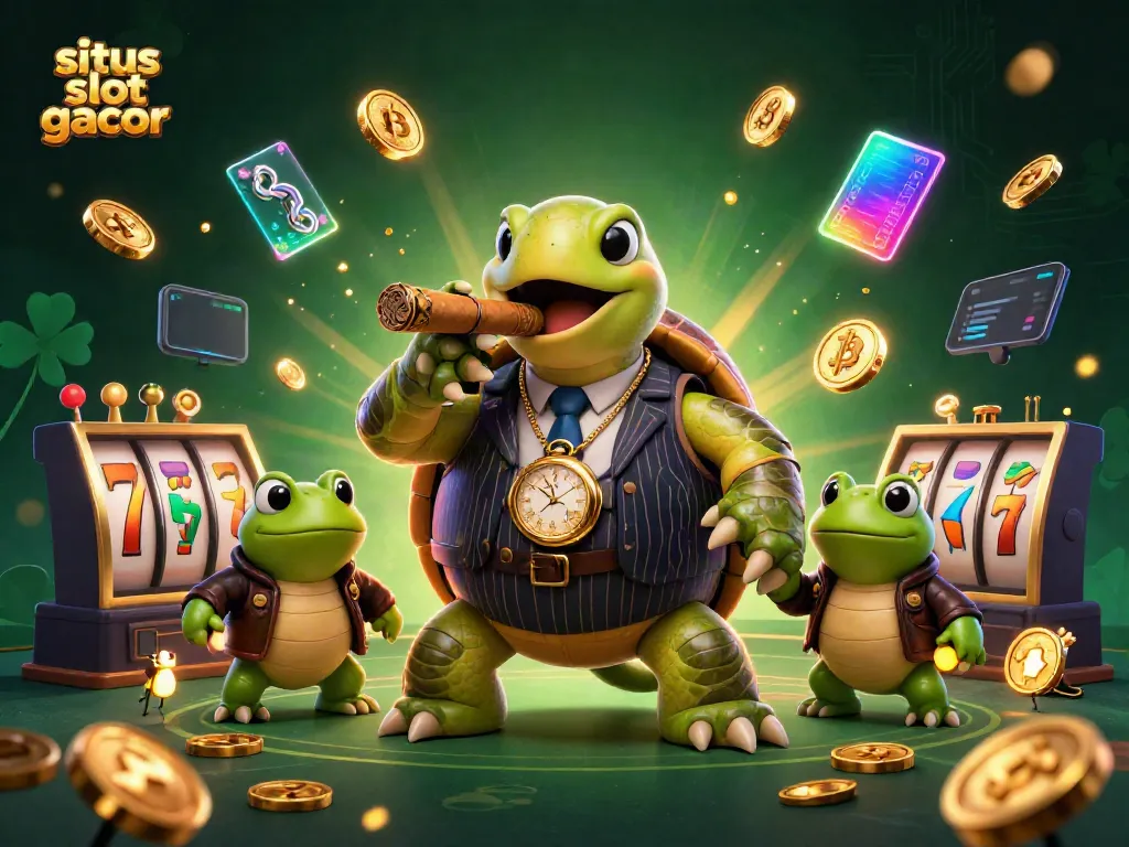 Ilustrasi 3D situs slot gacor dengan karakter unik di kasino, dikelilingi slot dan jackpot menyala.
