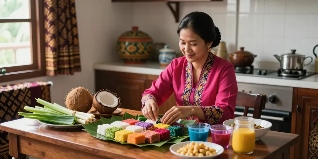 Preparing vibrant nyonya4d kueh in a traditional Peranakan kitchen, featuring colorful ingredients and warm lighting.