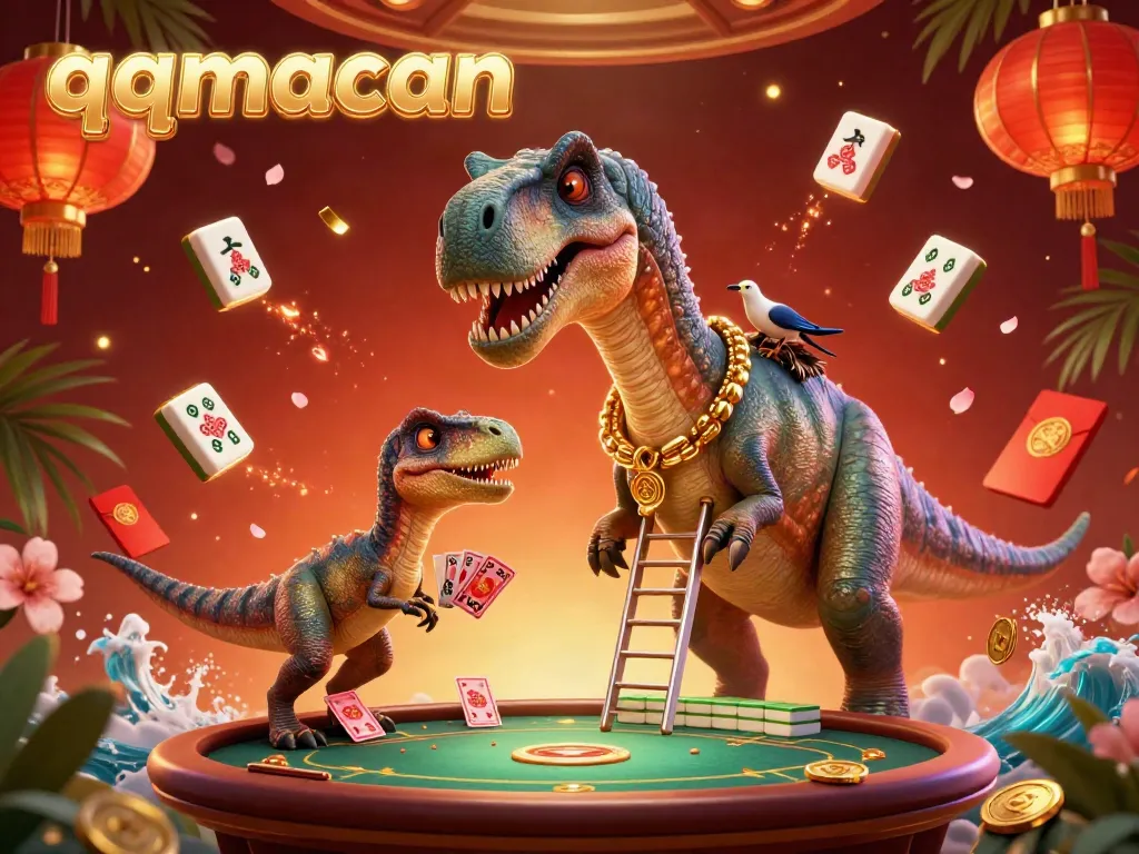 Experience the vibrant atmosphere of QQMacan with a 3D cartoon casino scene highlighting playful characters amidst floating mahjong tiles.