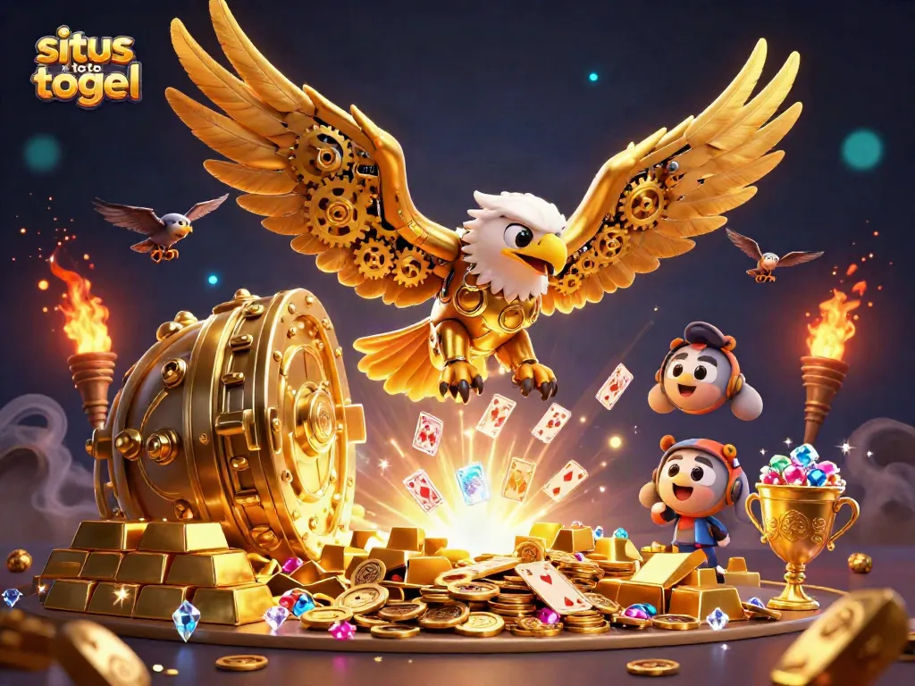 Engage with situs toto togel through a dynamic 3D illustration featuring a mechanical eagle, holographic cards, and treasure elements.