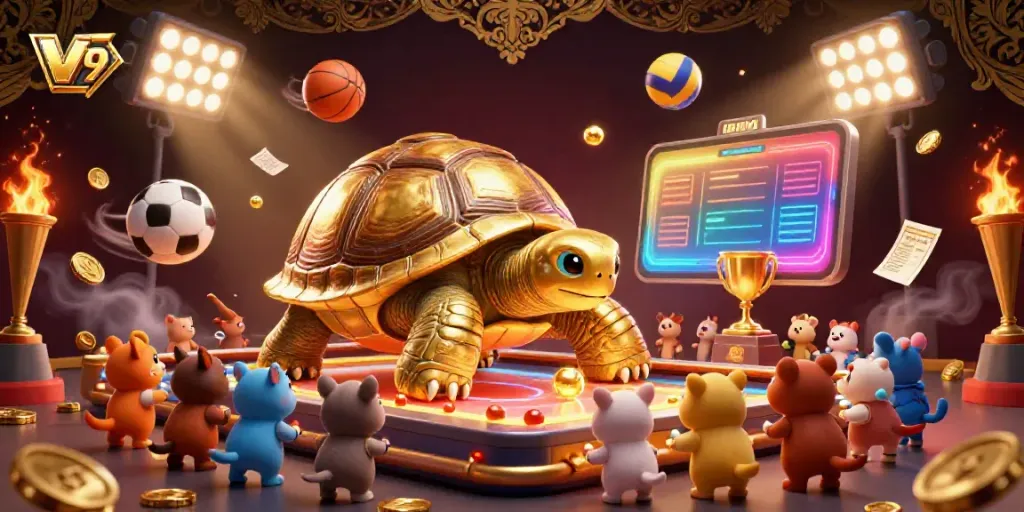 Experience v 79 with a lively scene of a golden tortoise pinball machine surrounded by excited players and sports elements.