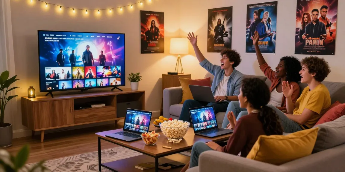 Watch Free Movies with friends in a cozy living room setting, exploring streaming options together.